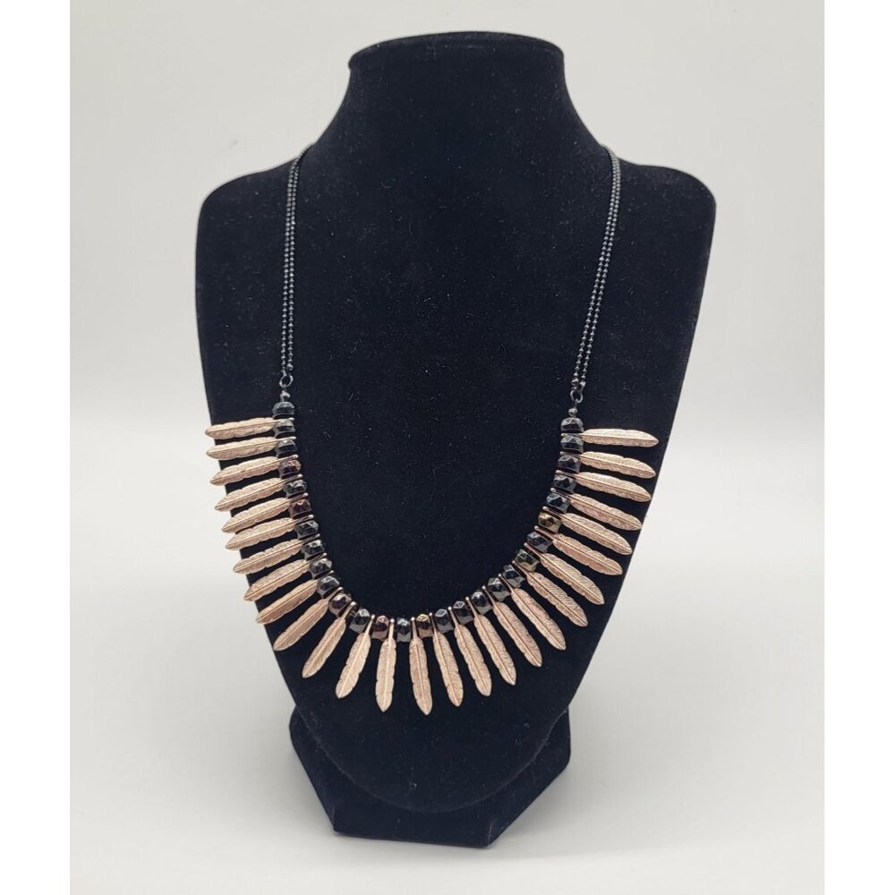 Charming Charlie Black Gold Tone Feather Dangle Fringe Statement Necklace - Picture 1 of 7